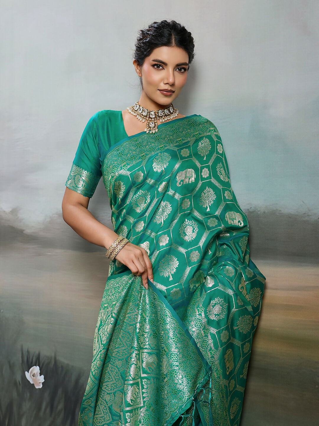 Rama Green Silk Blend Saree with Matching Blouse Piece