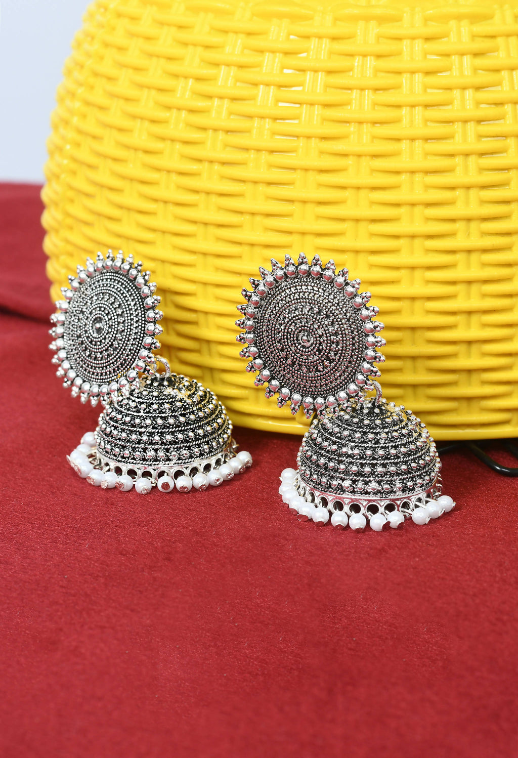 Silver Jhumka Earrings with White Pearl Accents for Women