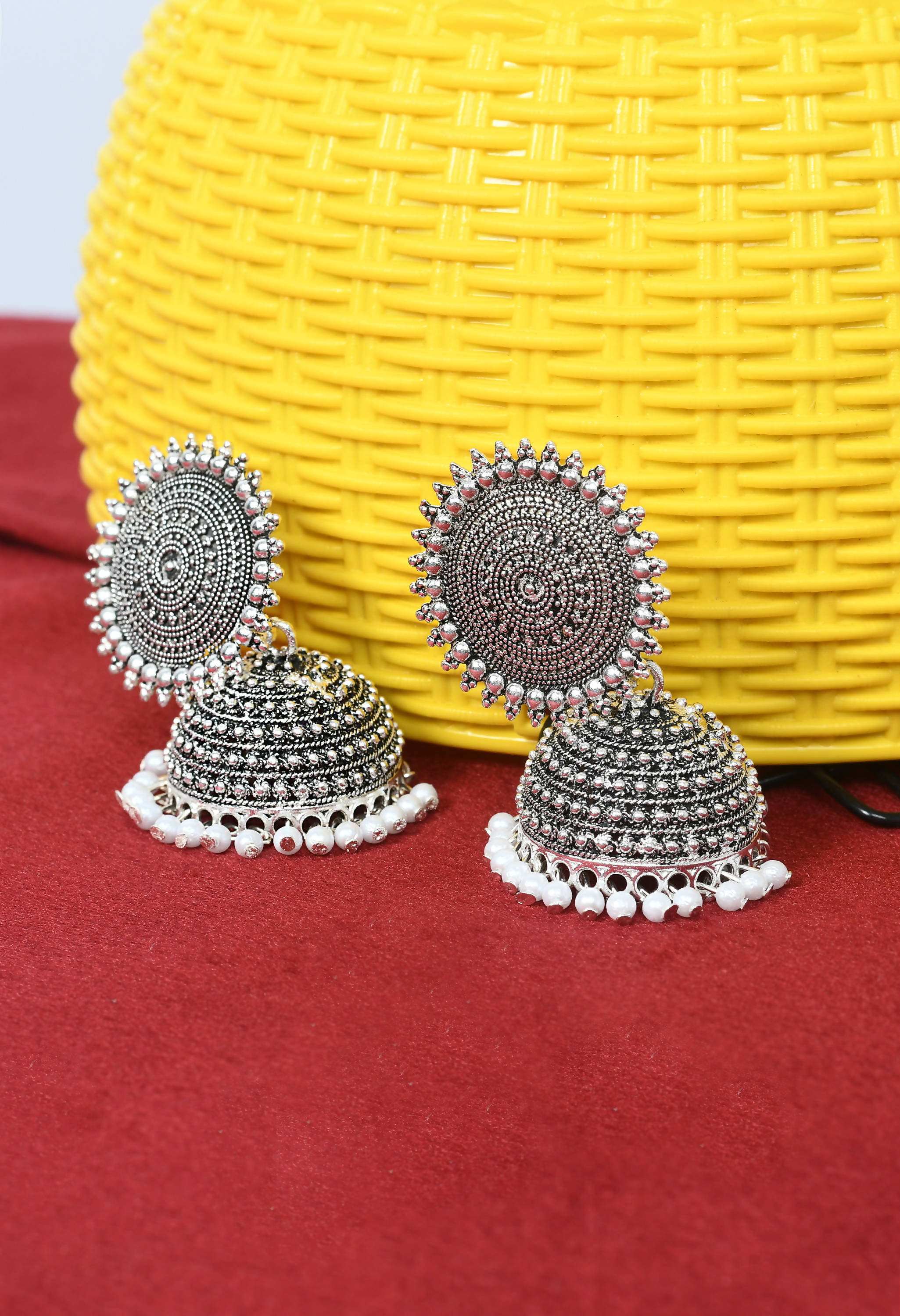 Silver Jhumka Earrings with White Pearl Accents for Women