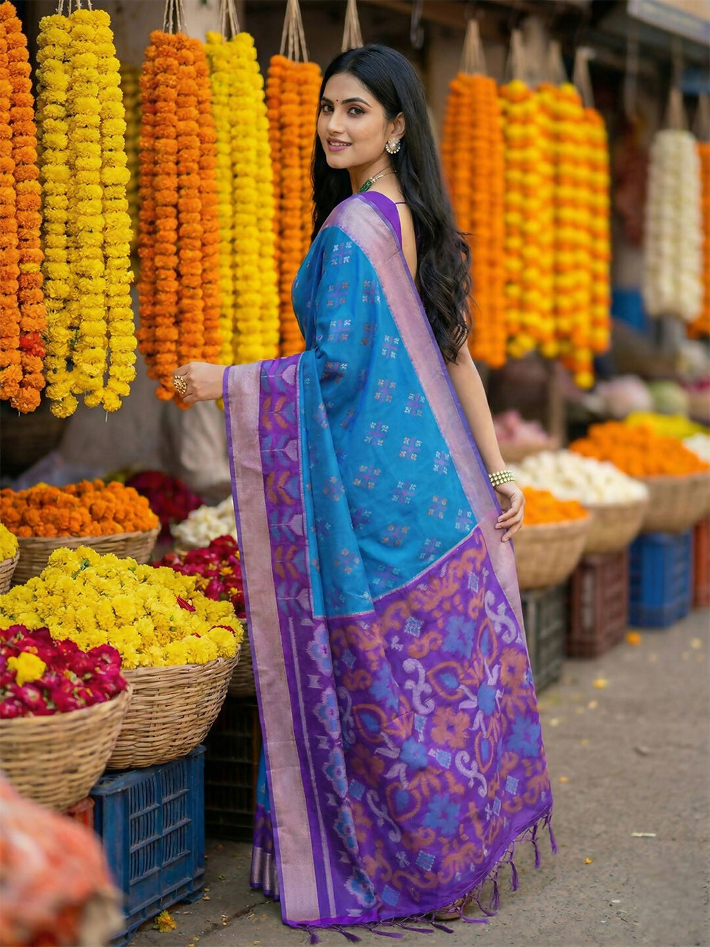 Blue Pochampally Silk Saree with Matching Blouse Piece