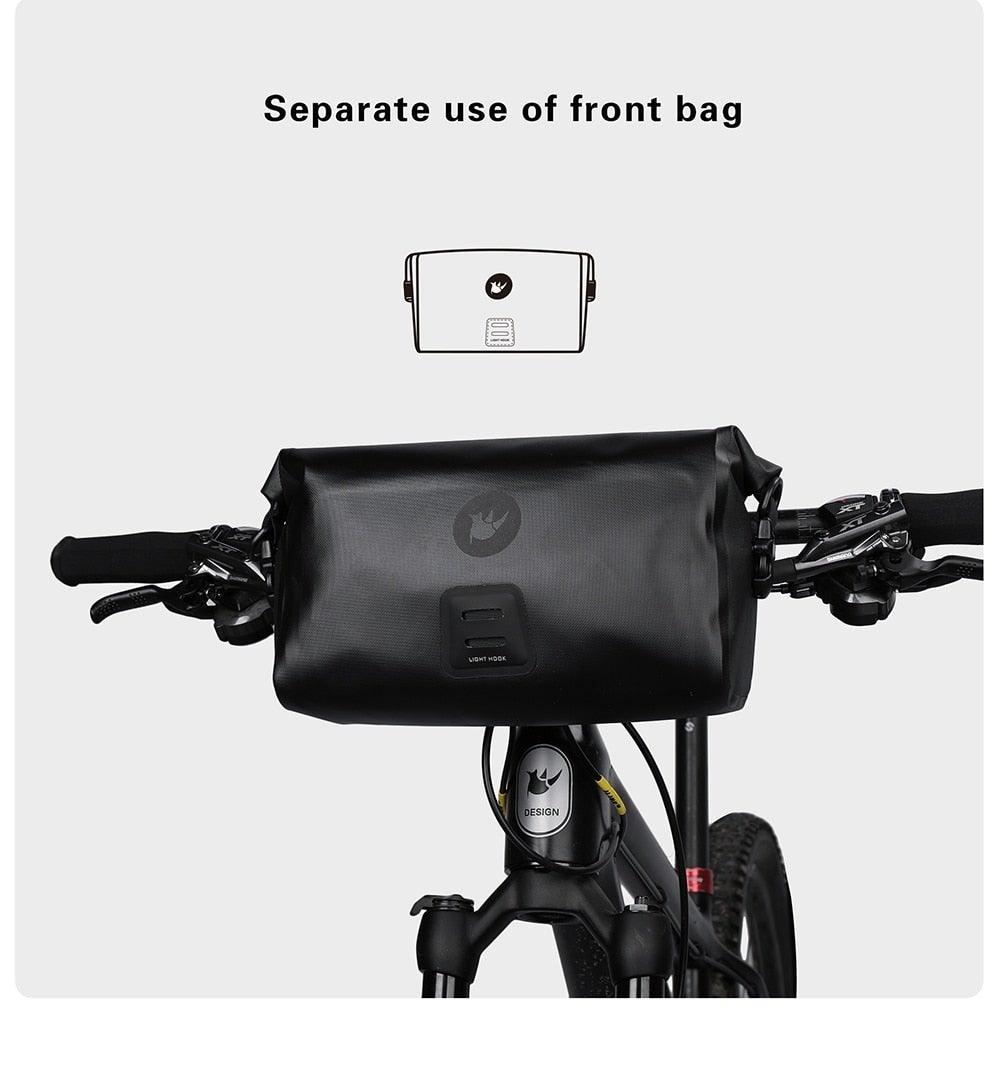 Black 2-piece waterproof bicycle handlebar bag system for road and mountain bikes.