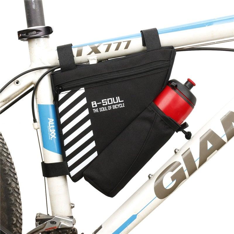 A sporty black waterproof triangle bicycle frame bag mounted on a bike top tube.