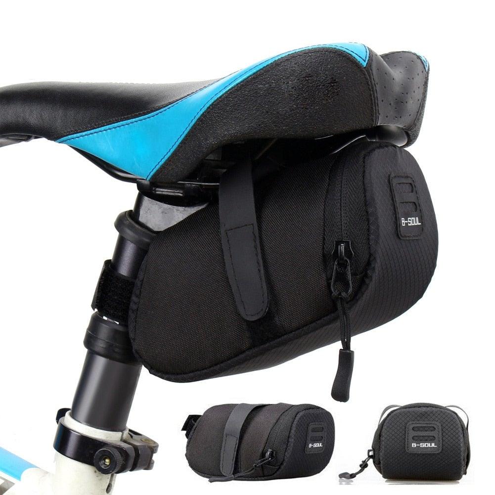 Waterproof bicycle saddle bag for tool storage mounted on a mountain bike