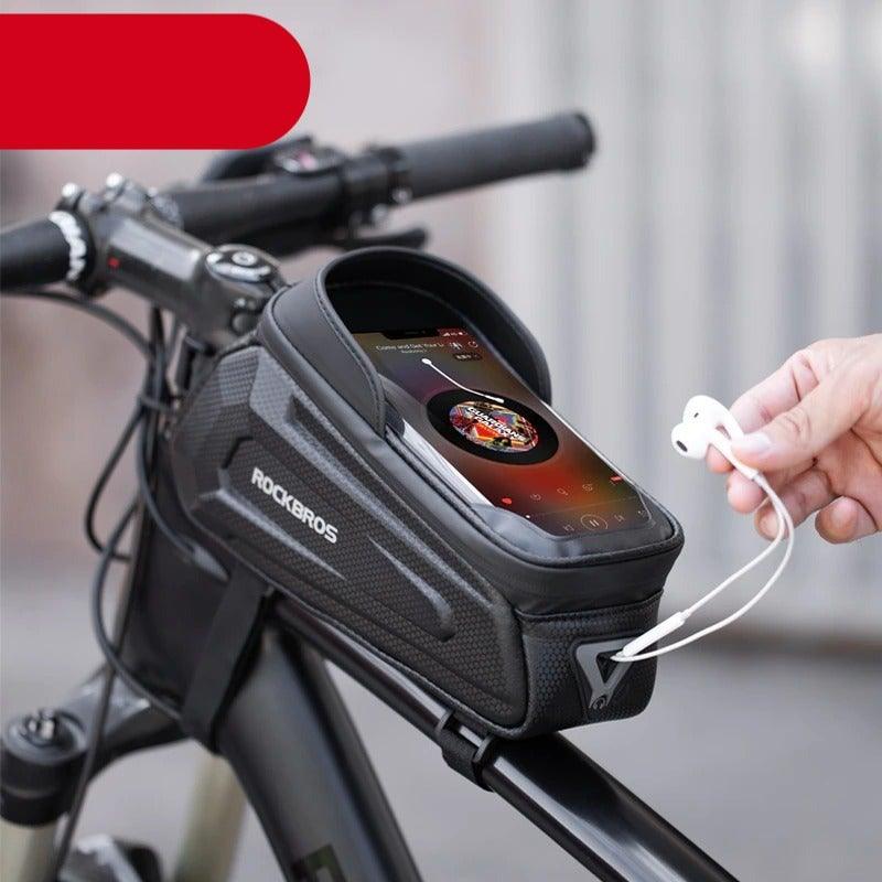 Black bike frame bag with touch-sensitive phone pocket mounted on a road bike