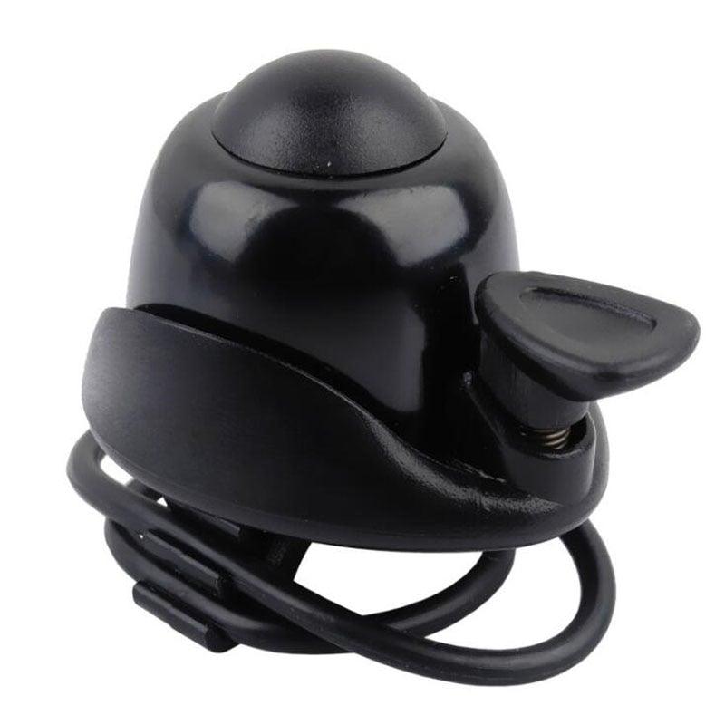 Black aluminum and plastic bicycle bell with a 360-degree rotating mount.