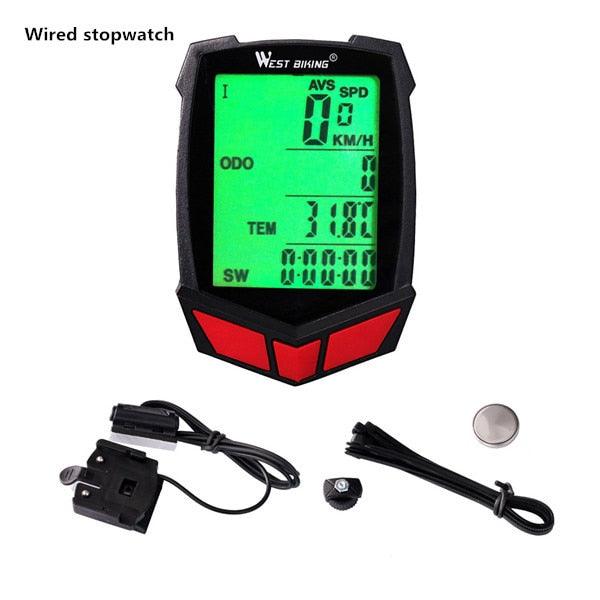 Wireless 20-function bike computer with LCD backlight display attached to bicycle handlebars