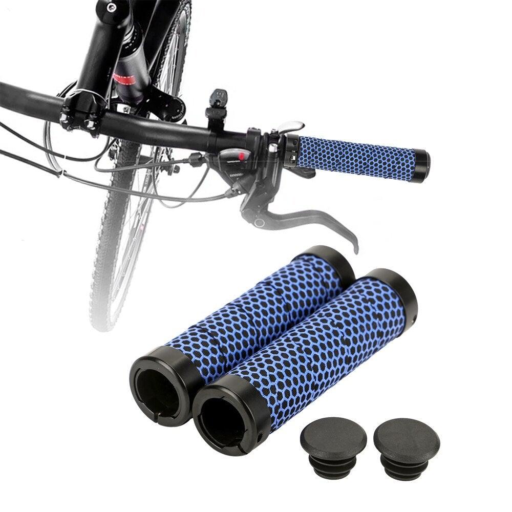 Close up of colorful double lock-on bicycle handlebar grips with ergonomic anti-skid texture