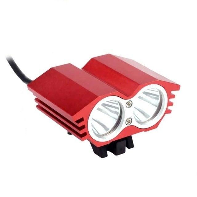 Stevvex super bright dual LED bike headlight with USB rechargeable 6400mAh battery pack.