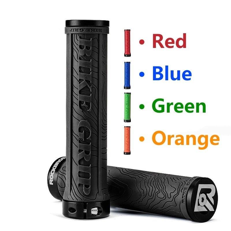 Close-up of silicone honeycomb mountain bike grips with aluminum lock-on clamps