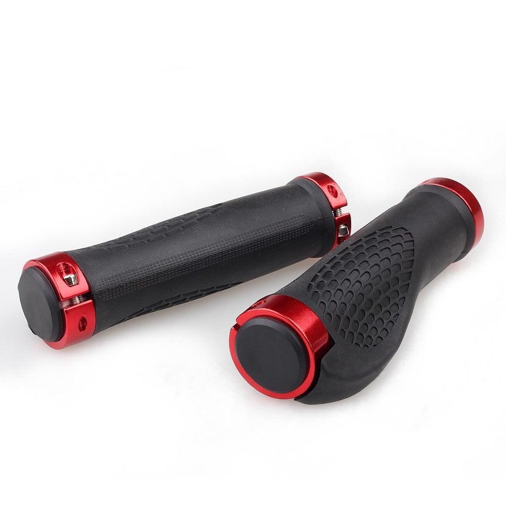 Close up of mountain bike handlebar grips with double aluminum clamp lock-on system