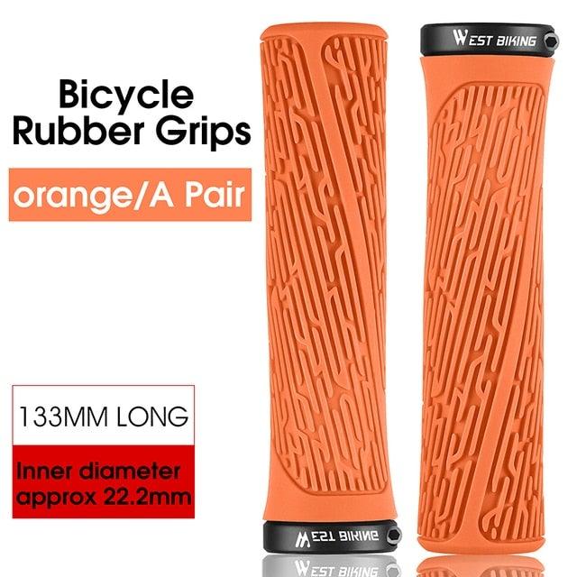 Pair of orange mountain bike handlebar grips with double locking rings