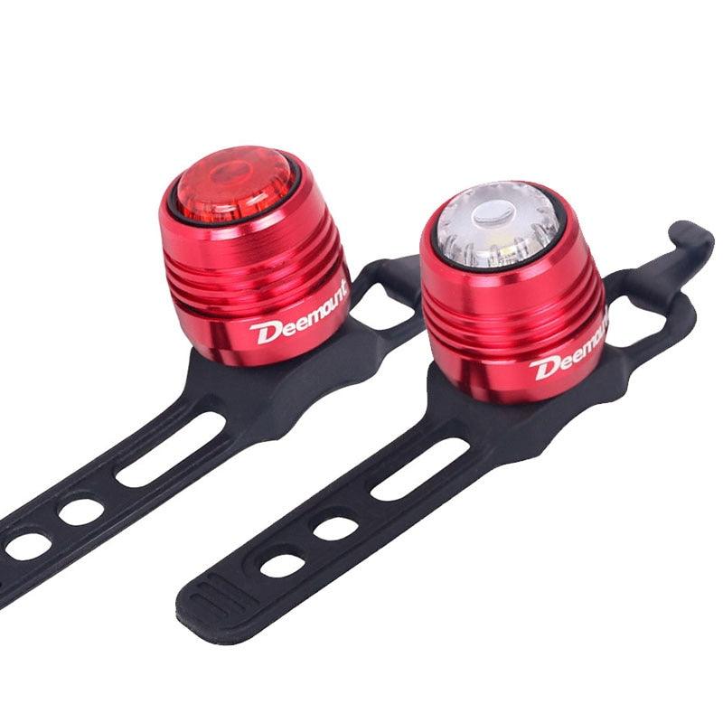Ultra bright red LED bike rear light with USB charging port shown in a sleek, compact design.