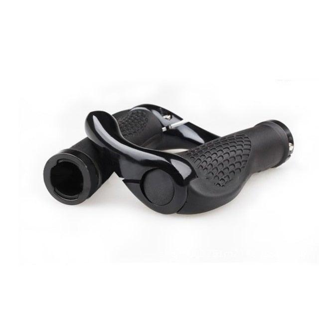 Close up of black ergonomic rubber bicycle grips with aluminum alloy lock-on ends mounted on handlebars