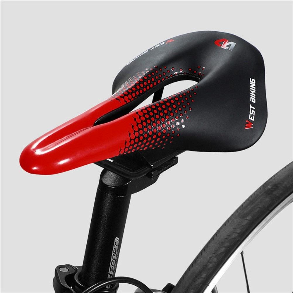 Ergonomic black waterproof bicycle saddle for mountain and road bikes with hollow breathable design