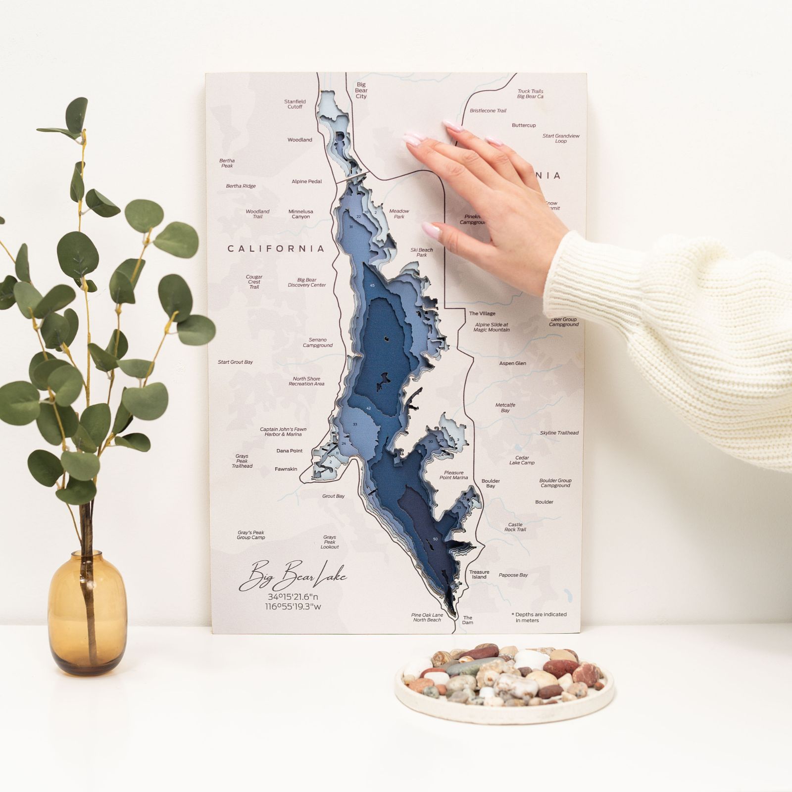 Blue and white Big Bear Lake map wall art with geographic details and coordinates