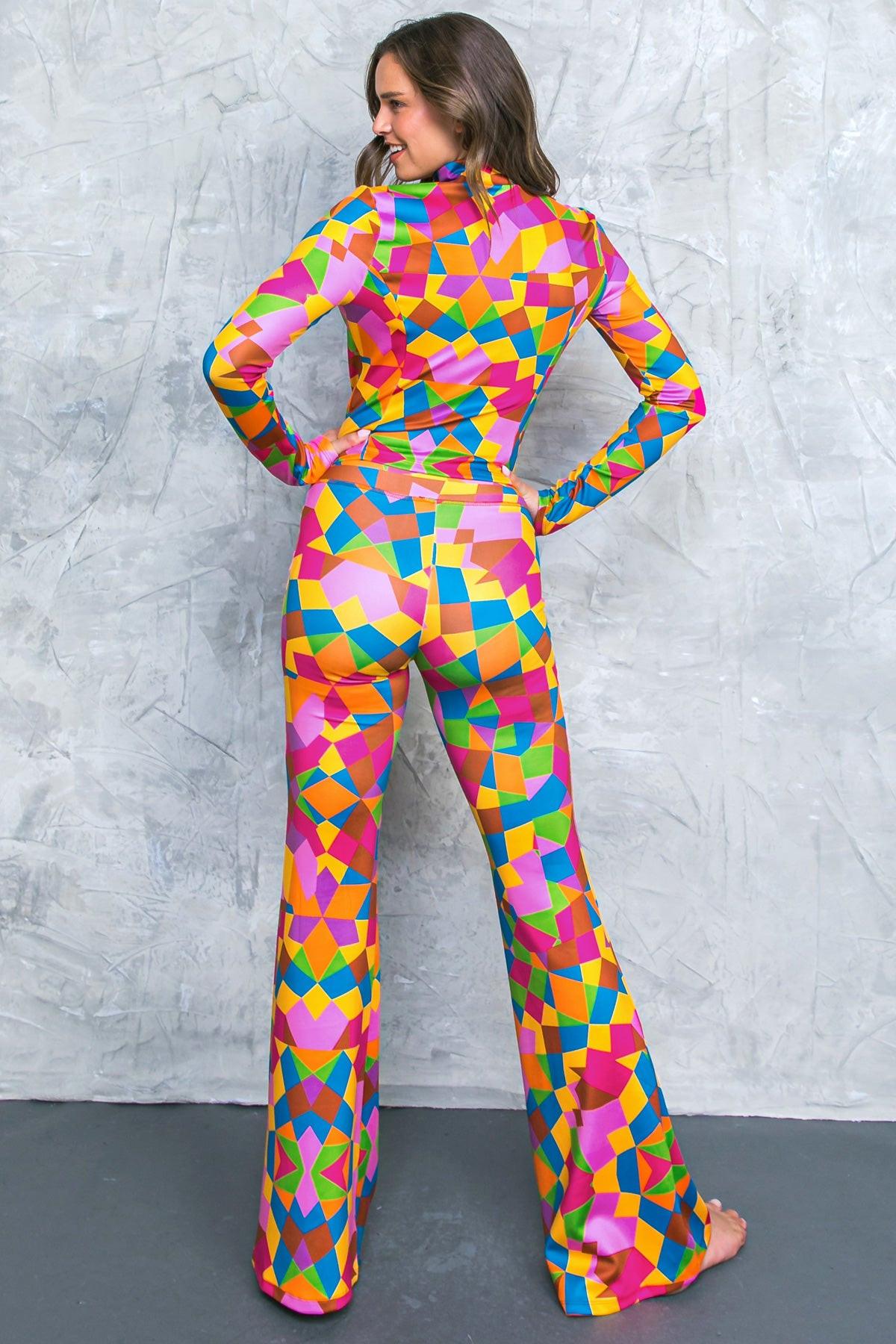 Multi-Color Geometric Scuba Tracksuit with Flare Leg Pants - Image 2