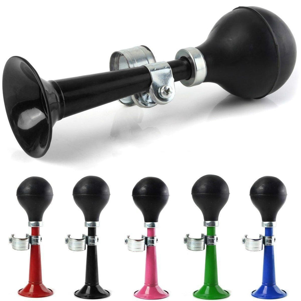 Sporty metal bicycle horn in various colors with rubber squeeze bulb