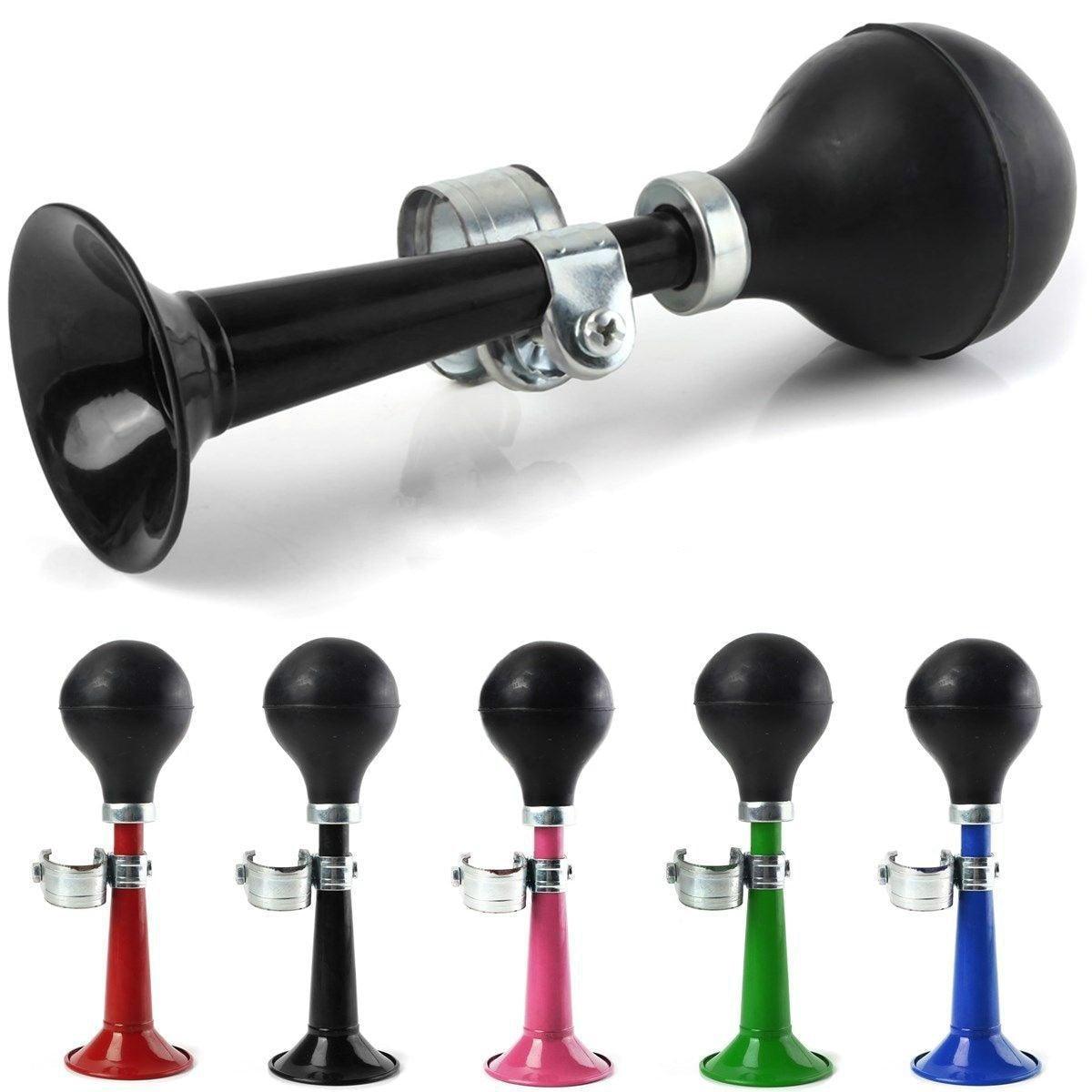 Sporty metal bicycle horn in various colors with rubber squeeze bulb