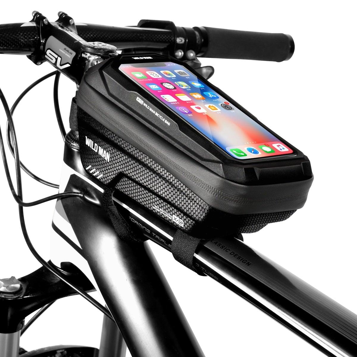 Black waterproof bicycle frame bag with touchscreen phone mount and carbon-fiber texture