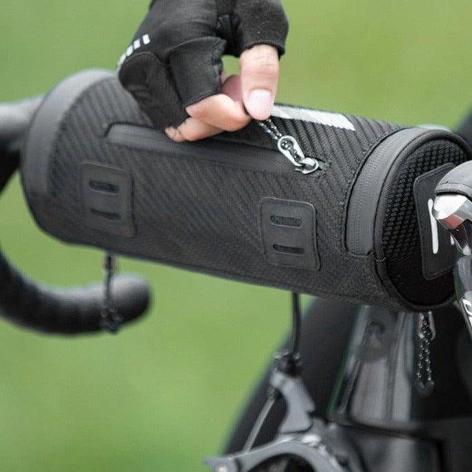 Black multi-purpose bike handlebar bag with adjustable shoulder strap