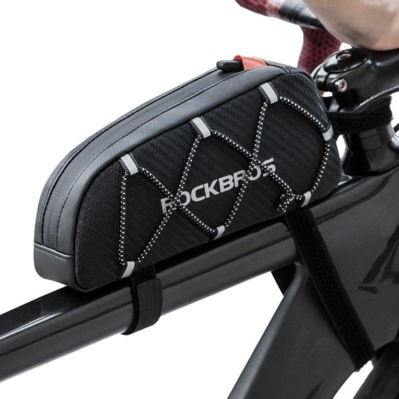 Black technical bike top tube bag with reflective strips