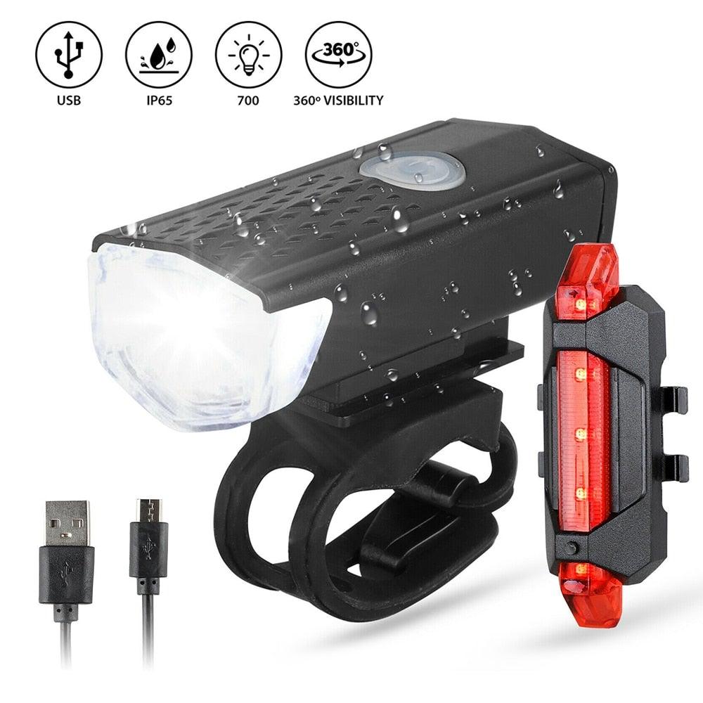 Stevvex USB rechargeable LED bike headlight and tail light set for night cycling
