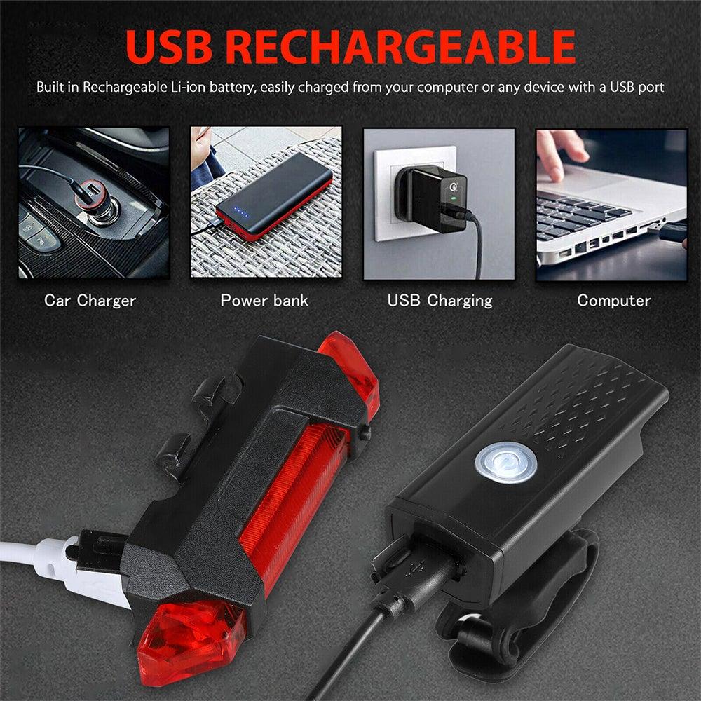 USB Rechargeable LED Bike Light Set Front Headlight & Tail Light