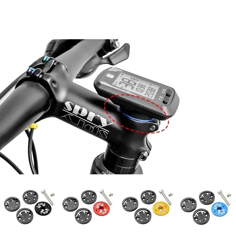 Stevvex aluminum alloy bike computer and phone mount attached to a bicycle stem top cap