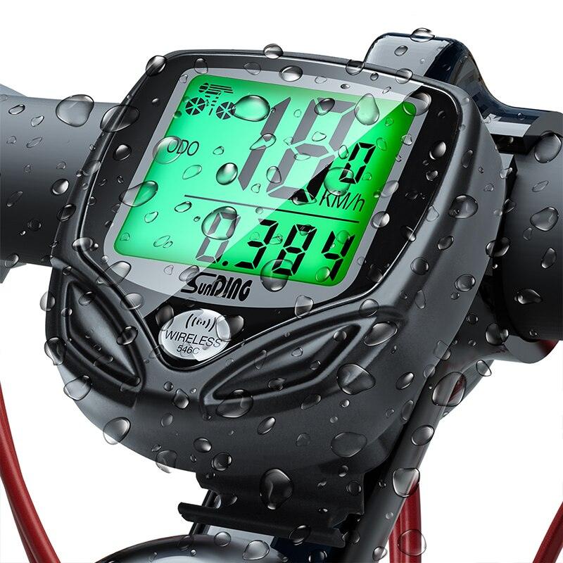 Wireless bike computer with 16-function LCD display and backlight, mounted on a bike handlebar