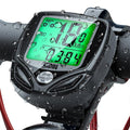 Wireless bike computer with 16-function LCD display and backlight, mounted on a bike handlebar