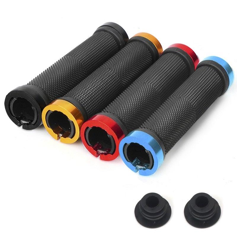 Geometric pattern silica gel bicycle handlebar grips with aluminum locking collars.