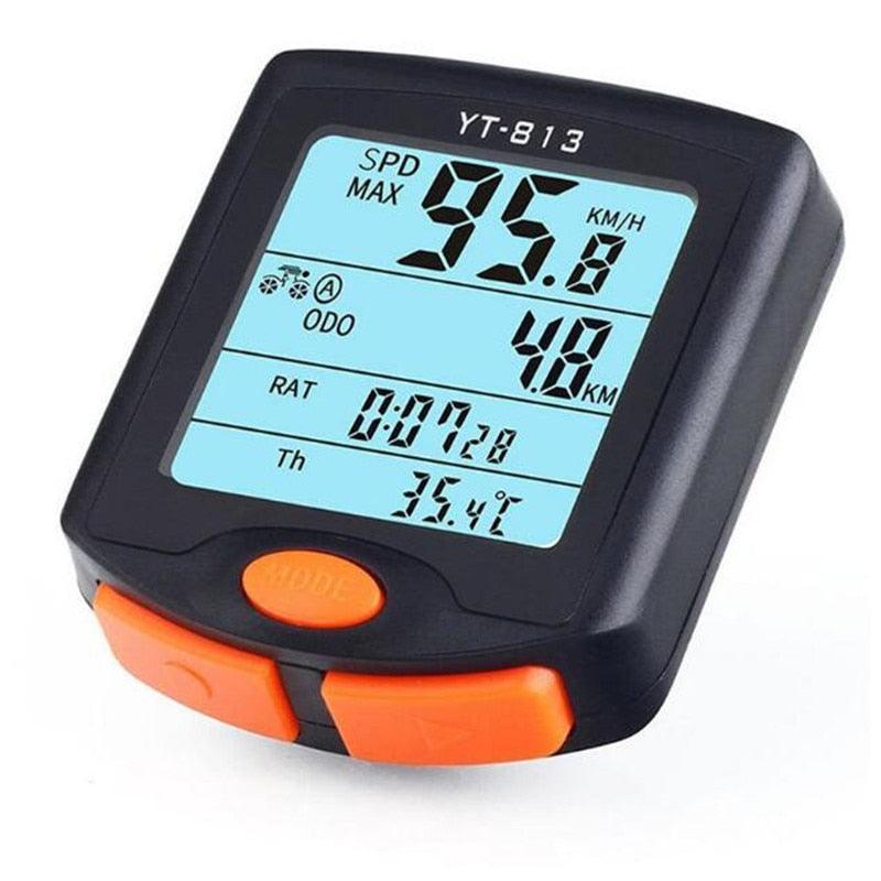 Waterproof digital bike computer with 4-line display in black and orange