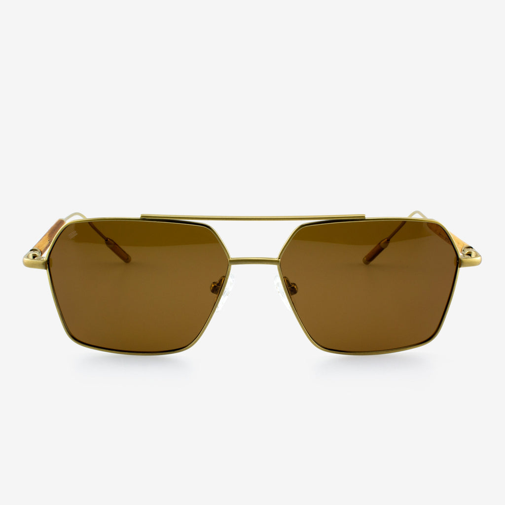 Bimini modern aviator sunglasses with gold metal frames and wood accents.