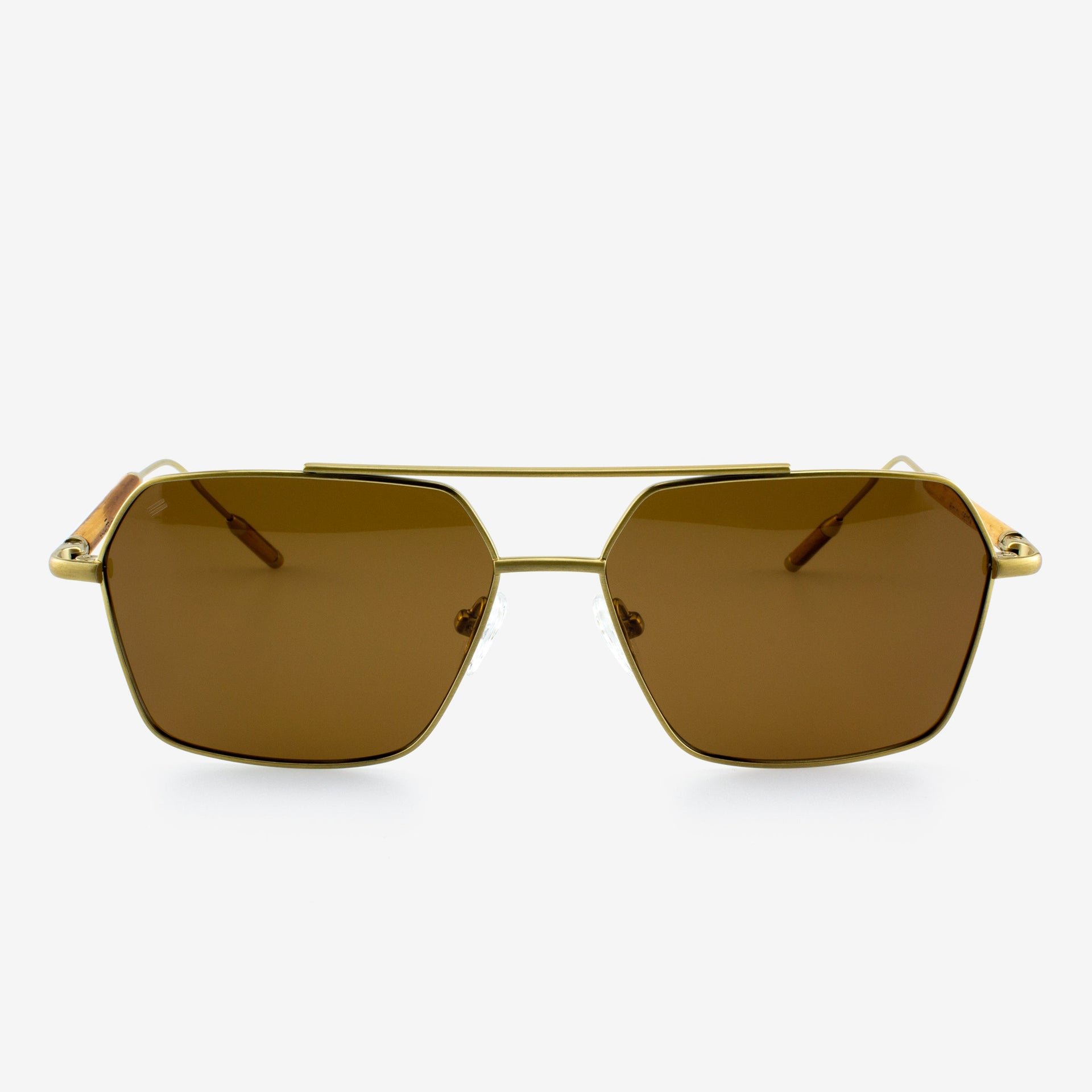 Bimini modern aviator sunglasses with gold metal frames and wood accents.