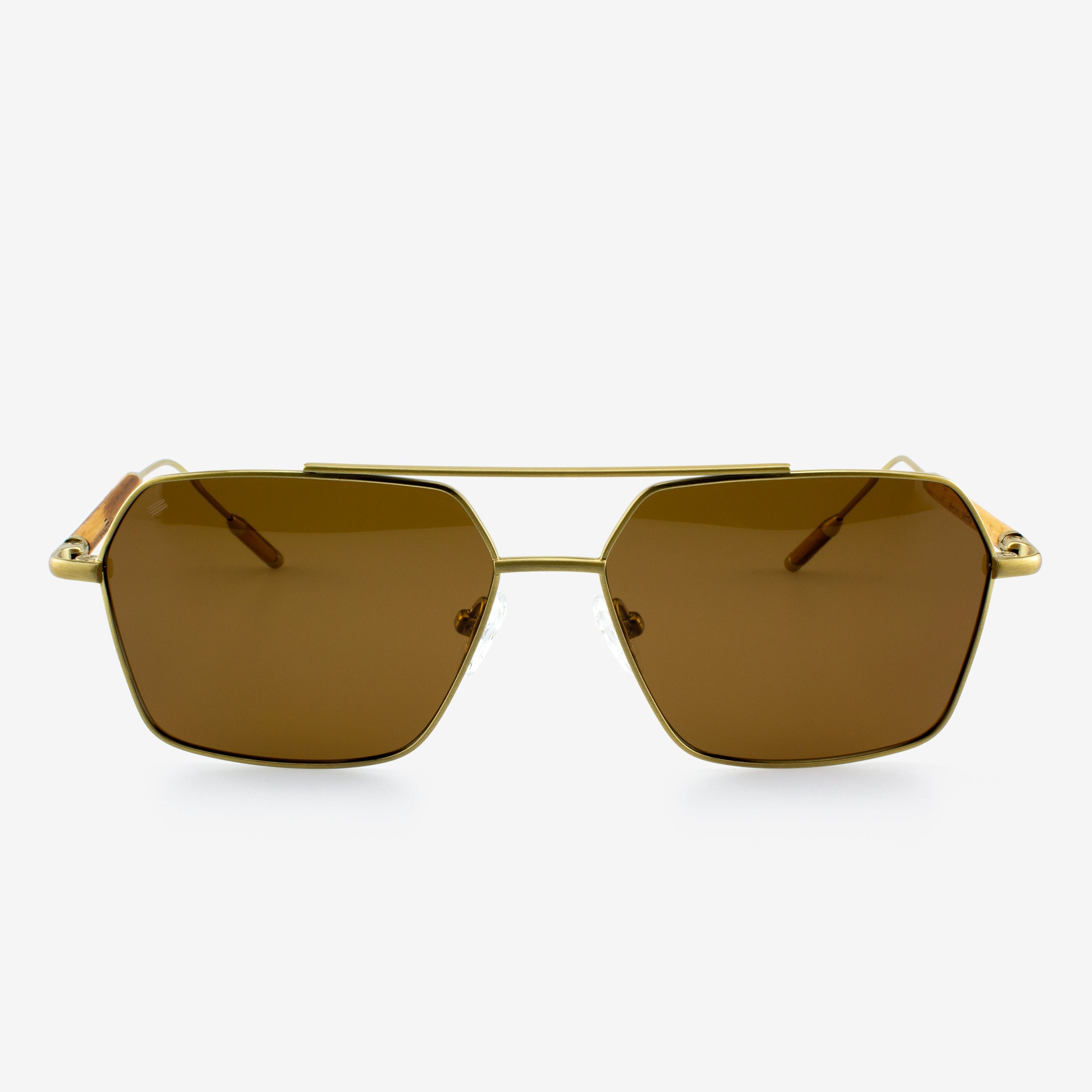 Bimini modern aviator sunglasses with gold metal frames and wood accents.