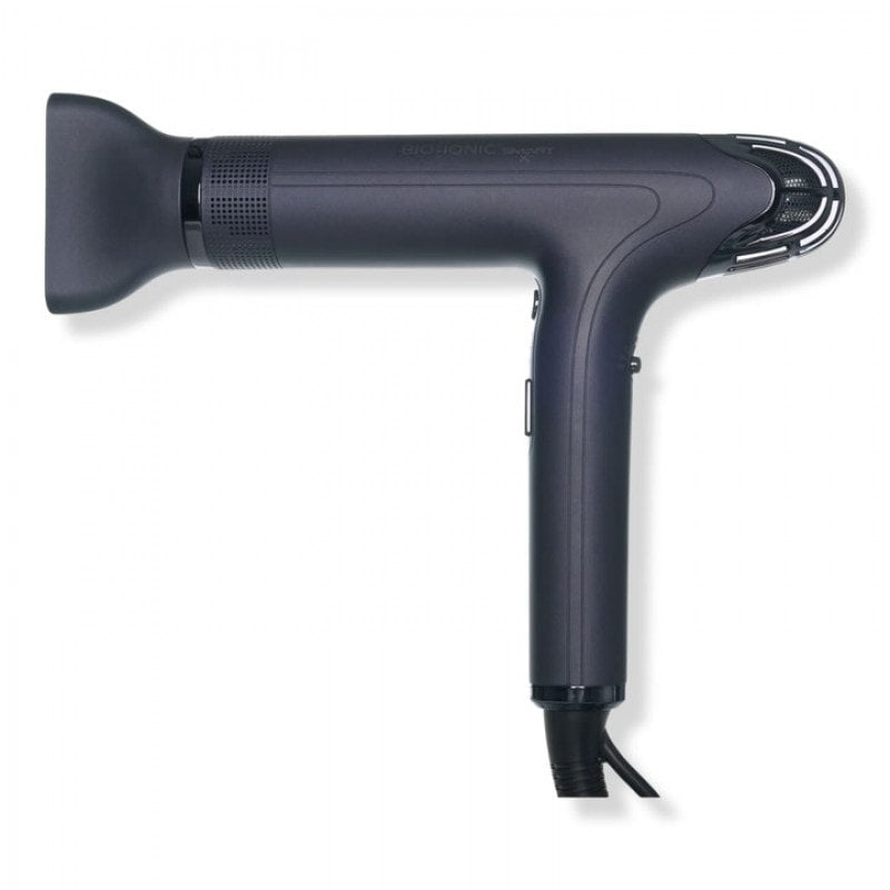 Sleek charcoal grey SMART-X High Efficiency Dryer in a minimalist modern vanity setting
