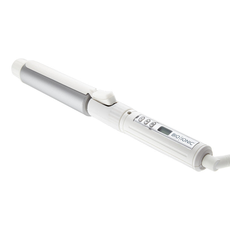 Bio Ionic Stylewinder 1.25-inch rotating styling iron in a sleek white and silver minimalist finish