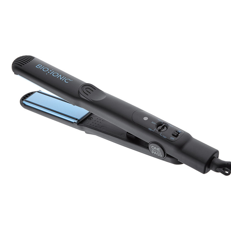 Professional 1-inch hair straightening iron with black plates and ergonomic handle