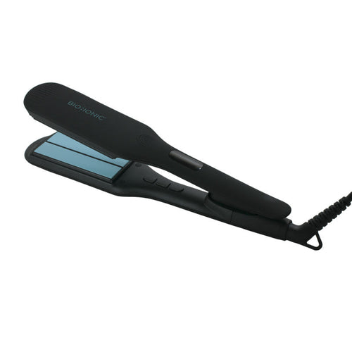 Professional 1.5-inch Bio Ionic hair straightener in black and blue