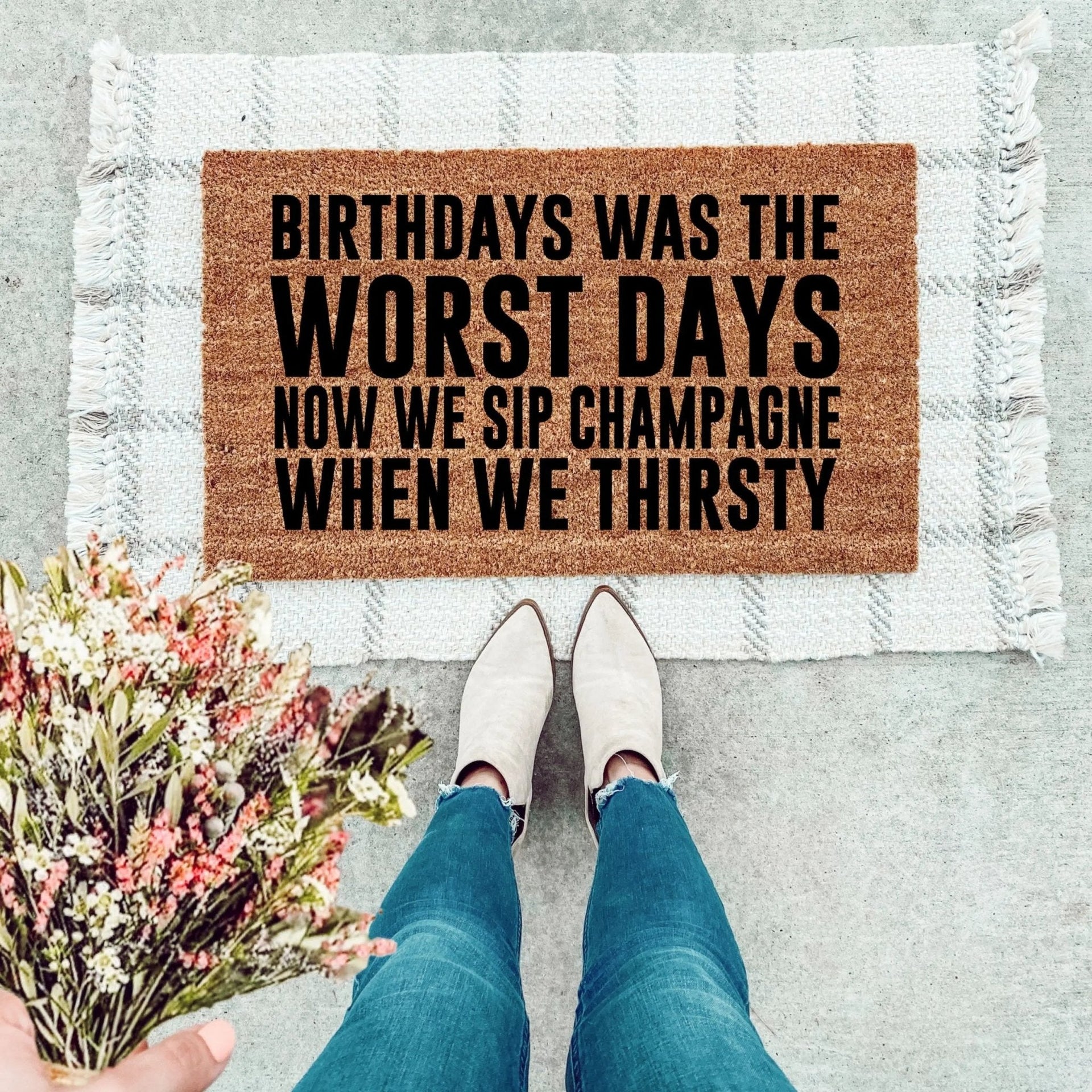 Natural coir doormat featuring the text Birthdays Was The Worst Days for entryway decor.