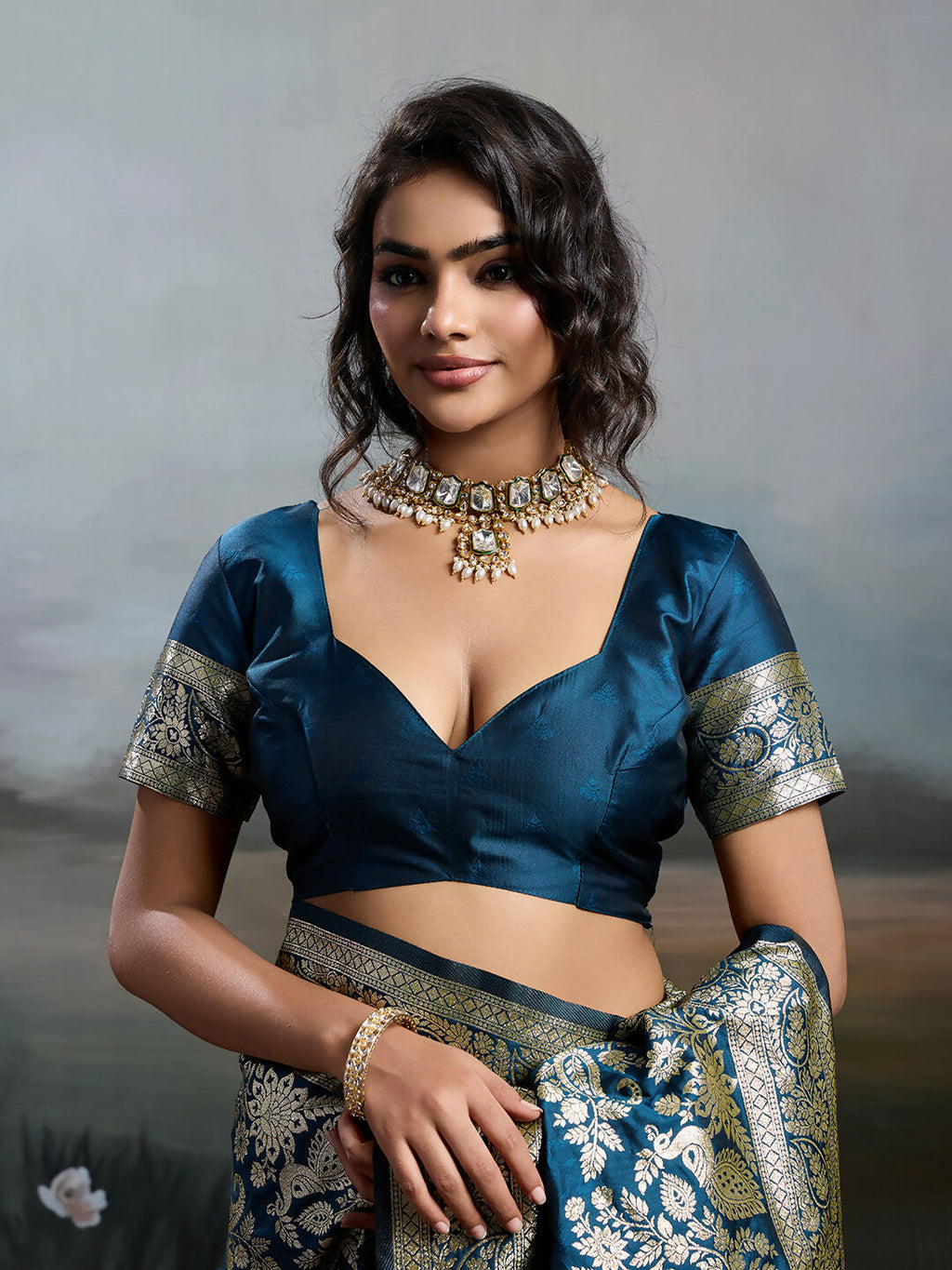 Navy Blue Silk Blend Saree with Matching Blouse Piece Elegant Drape