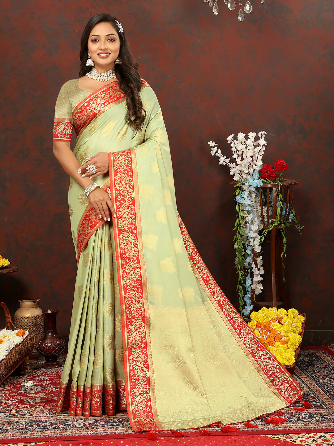 Seagreen Cotton Saree with Zari Weaving Design and Silk Blouse
