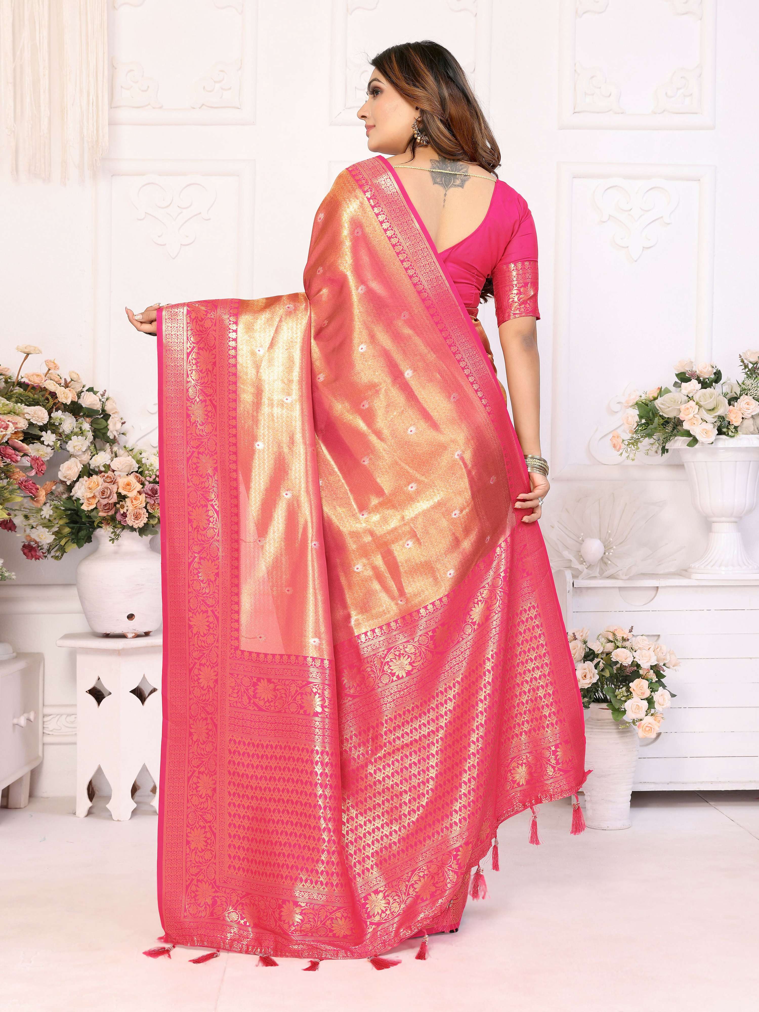 Pink Tissue Silk Weaving Saree with Sheer Metallic Finish