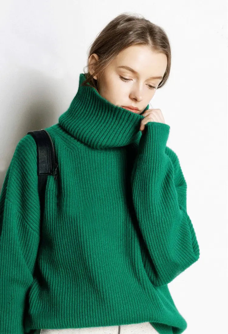 Women's Thick Ribbed Turtleneck Cashmere Blend Sweater - Image 2