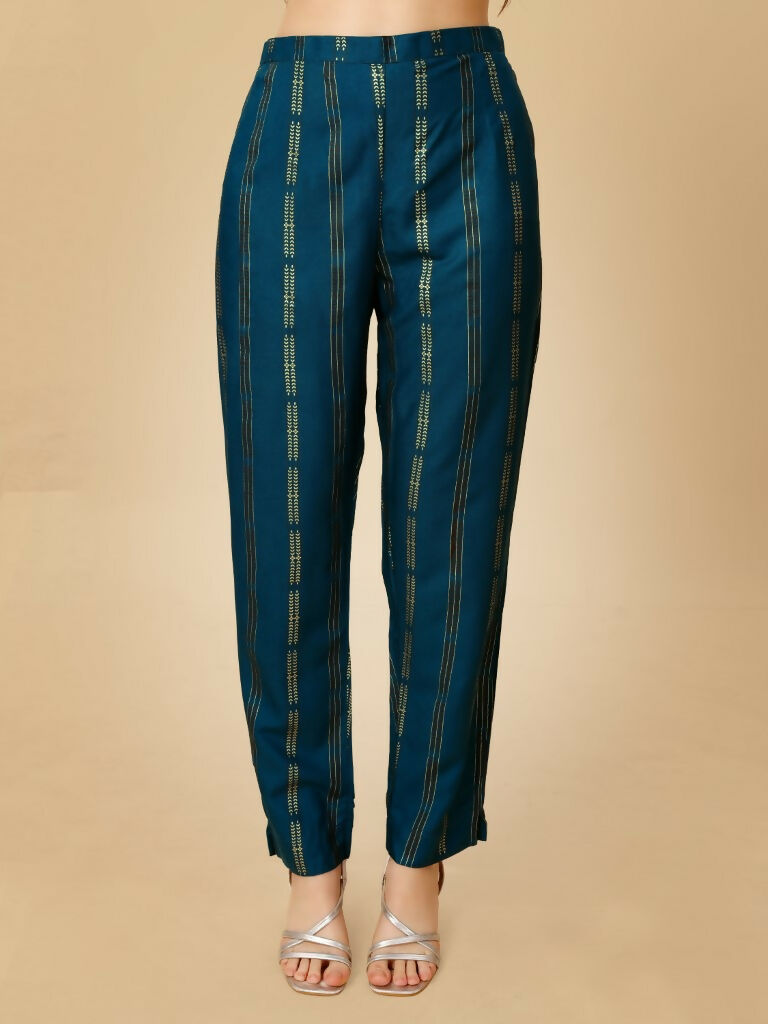 Women's Navy Blue Embroidered Straight Kurta Pant Set