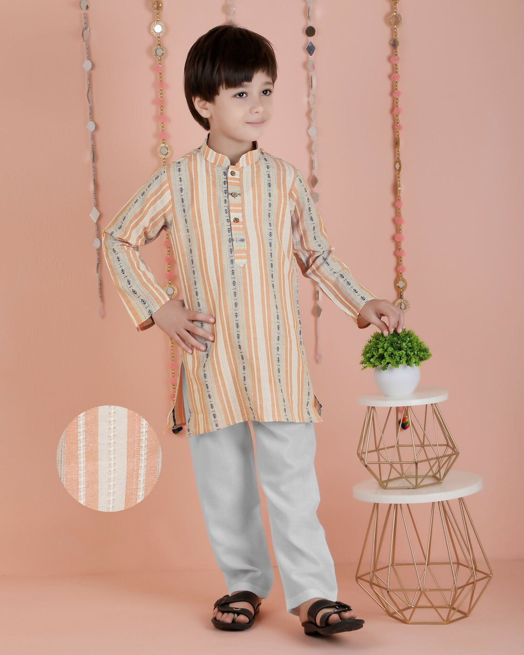 Kids Orange Striped Cotton Kurta and Pyjama Set - Full Sleeves