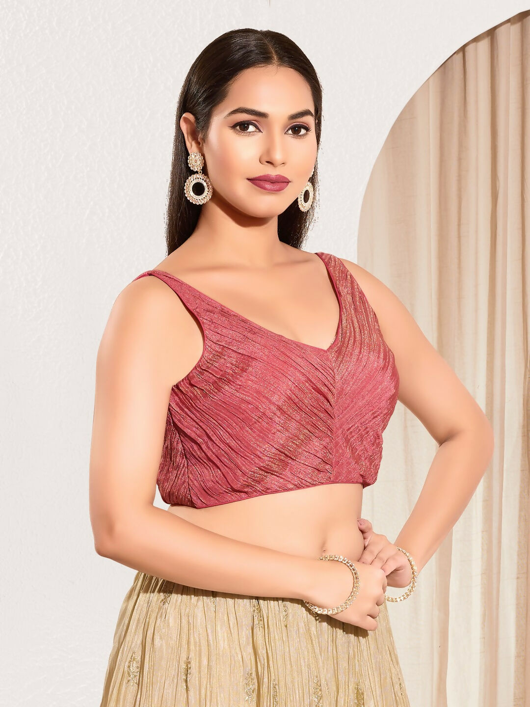 Onion Pink Tissue Padded Blouse with Sweetheart Neck