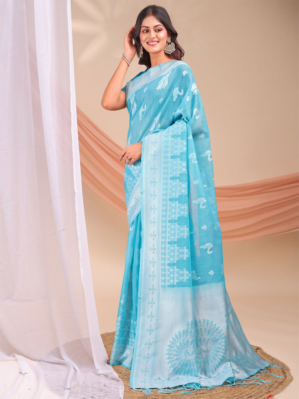 Varnika Sky Blue Linen Cotton Saree with Blouse Piece