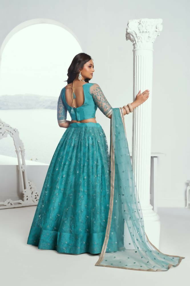 Rama Green Butterfly Net Lehenga Choli with Sequence Embroidery