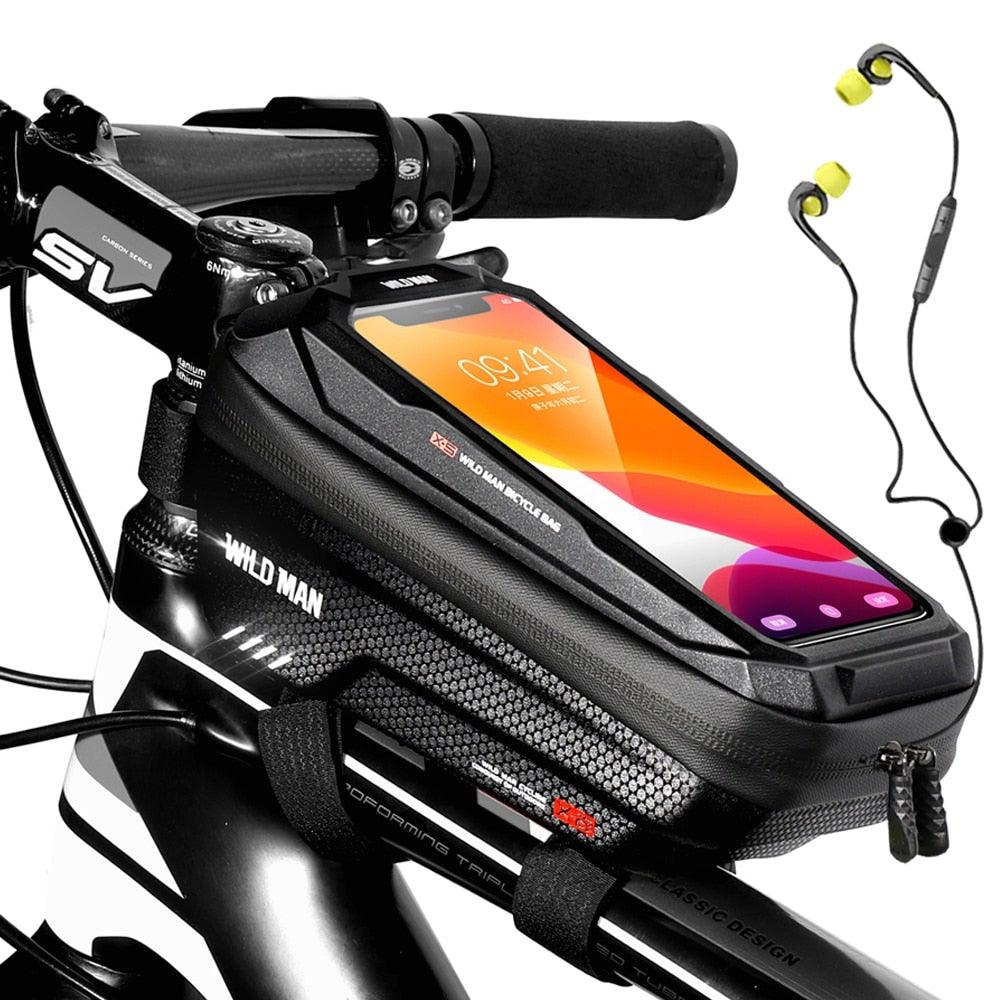 Waterproof black bike top tube bag with transparent touchscreen phone mount on a bicycle frame